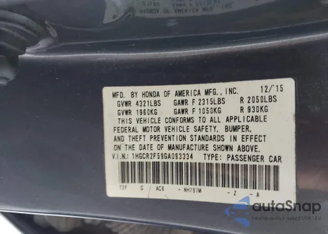 2016 Honda Accord Sport from USA, damaged, VIN 1HGCR2F59GA093334